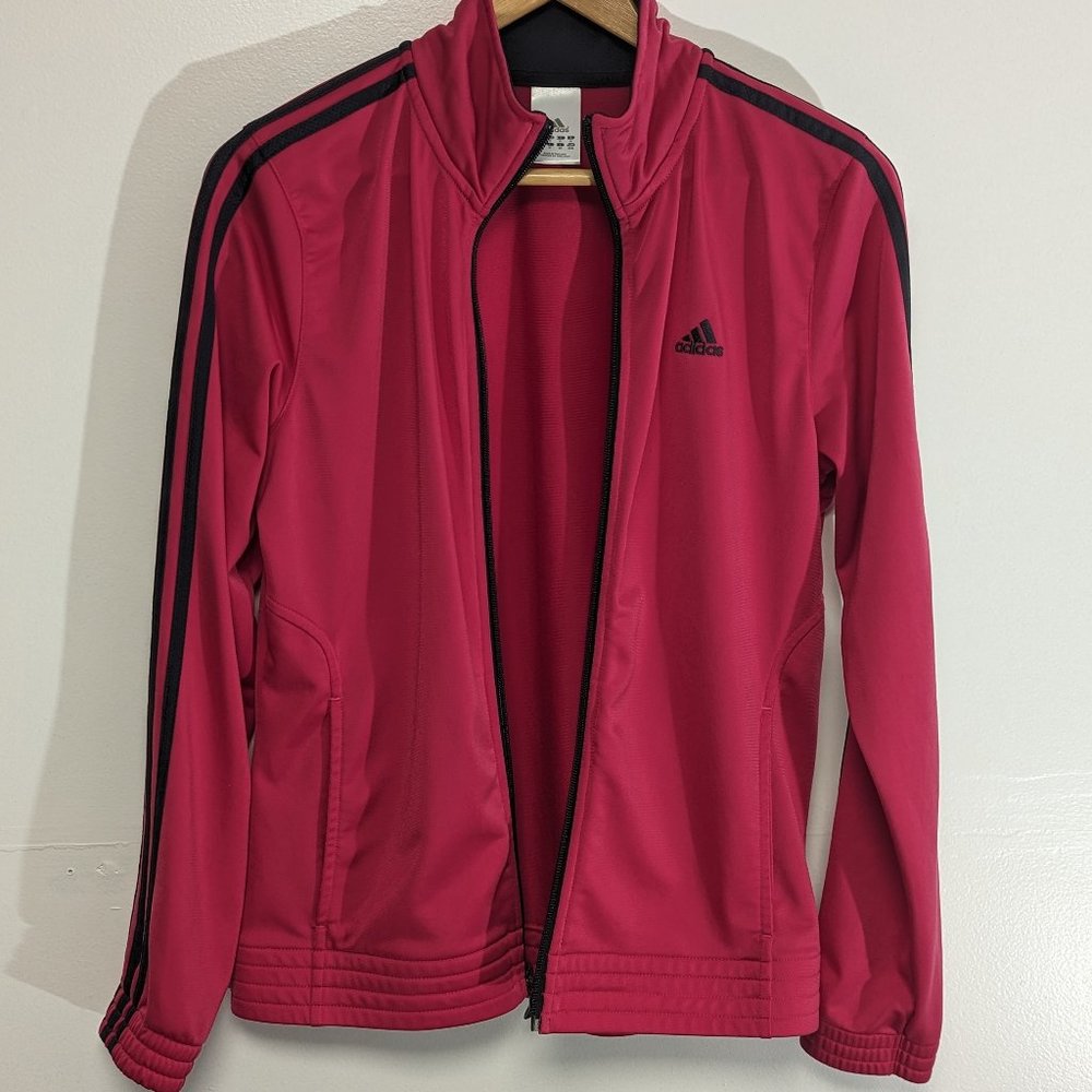 Adidas girls light Jacket size M.  Hot pink with black stripes on the sleeves.